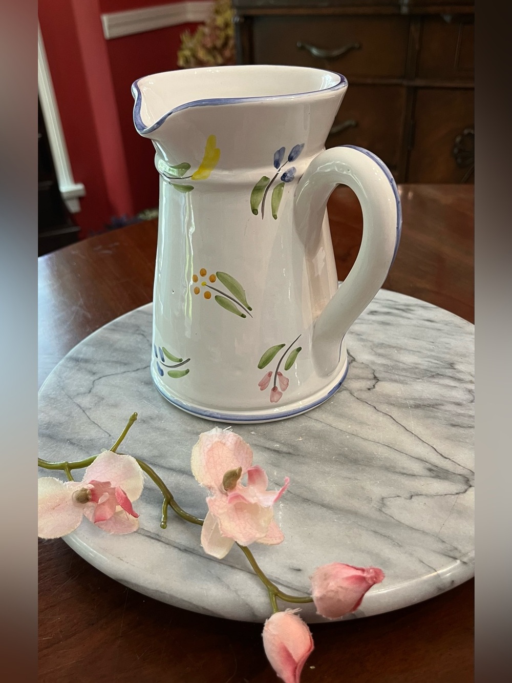 Vintage Hand-Painted Floral Ceramic Pitcher – Charming Cottagecore 6.5” Vase